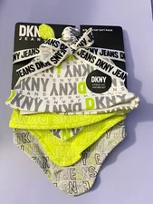 DKNY gift Pack Designer Baby Hats (2) and Bibs (3) Cotton Set Gray Green White
