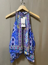 NWT ZARA Women Sleeveless Black Metallic Trim Crinkle Gauze Top Size S Blue Geo