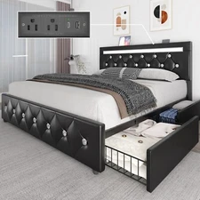 Upholstered Platform Full Queen Bed Frame with Adjustable Headboard＆ 4 Drawers