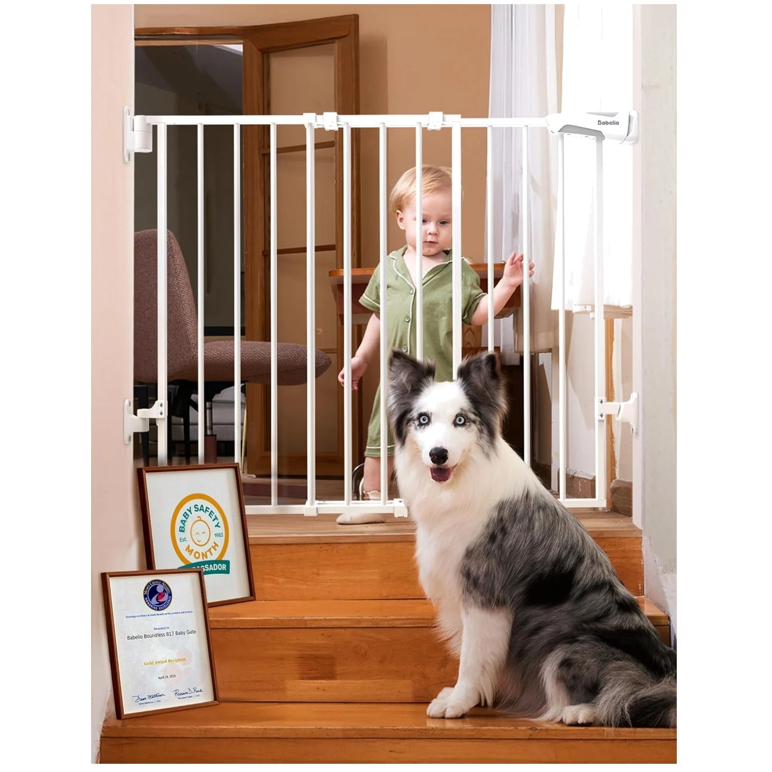 Easy Install Baby Gate for Stairs, 28" Tall, White
