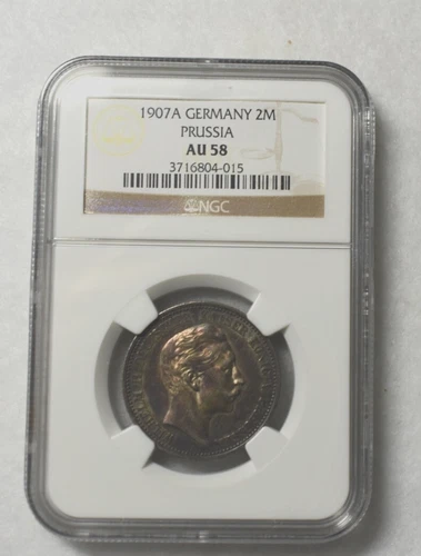 GERMANY PRUSSIA 2 MARK 1907 NGC CERTIFIED AU 58 SILVER COIN ( stock# 105)