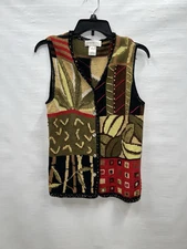 Susan Bristol Sweater Vest Women's Size Medium Fall Brown Red Embroidered VTG