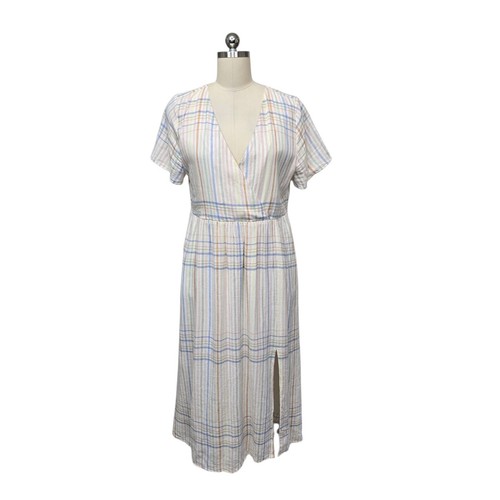 Madewell Women Pastel Plaid Linen Blend Wrap Midi Dress Short Sleeve Size Medium