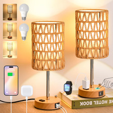 Dimmable Rattan Table Lamps with USB Ports  AC Outlet - 2 Pack Boho Style