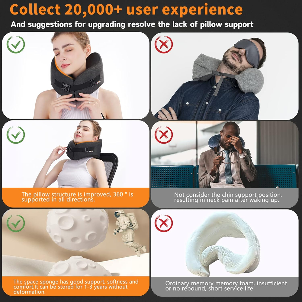 Memory Foam Travel Neck Pillow with Adjustable Comfort and Breathable Cover for Airplane Car Camping