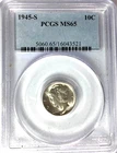 1945 S 10c Mercury Silver Dime Rare Ten Cents San Francisco PCGS MS65