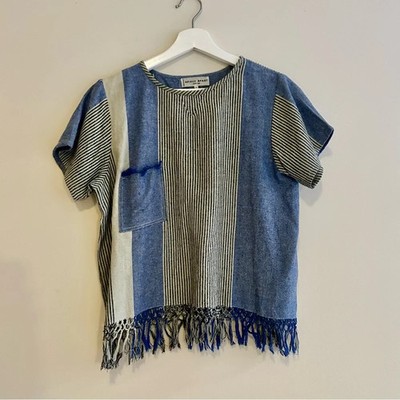 Apiece Apart Navy Blue White Stripe Top Boho Fringe Silk Contrast Short Sleeve