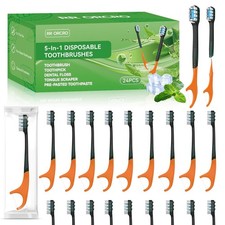 24Pack Disposable Toothbrushes with Toothpaste Pick Floss Tongue Scraper 5-in...