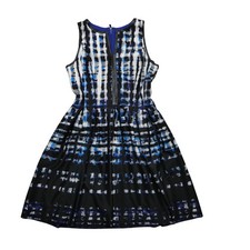 Vince Camuto Dress Womens 10 Blue Black Geometric Fit & Flare Zip Sleeveless