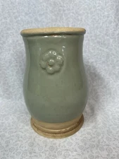 Rowe Pottery Works Hand Turned Sage Handle Pitcher Vase Vintage Marked Signed 