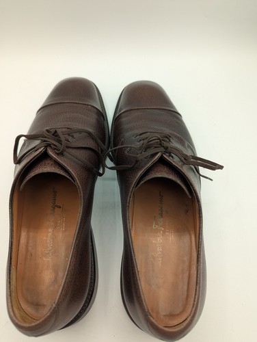 Men's Dress Shoes Oxford Derby Ferragamo Brown Pebble Leather Cap Toe 9.5D - Picture 12 of 14