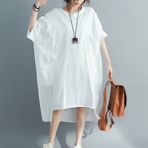 New Women's Cotton Linen Long T-shirt Top Dress Loose Baggy Casual Short Sleeve - Picture 2 of 13