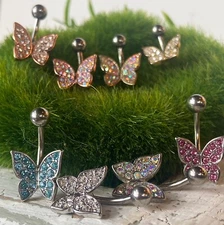 Crystal Paved Butterfly Belly Ring 316L Surgical Steel Navel Naval