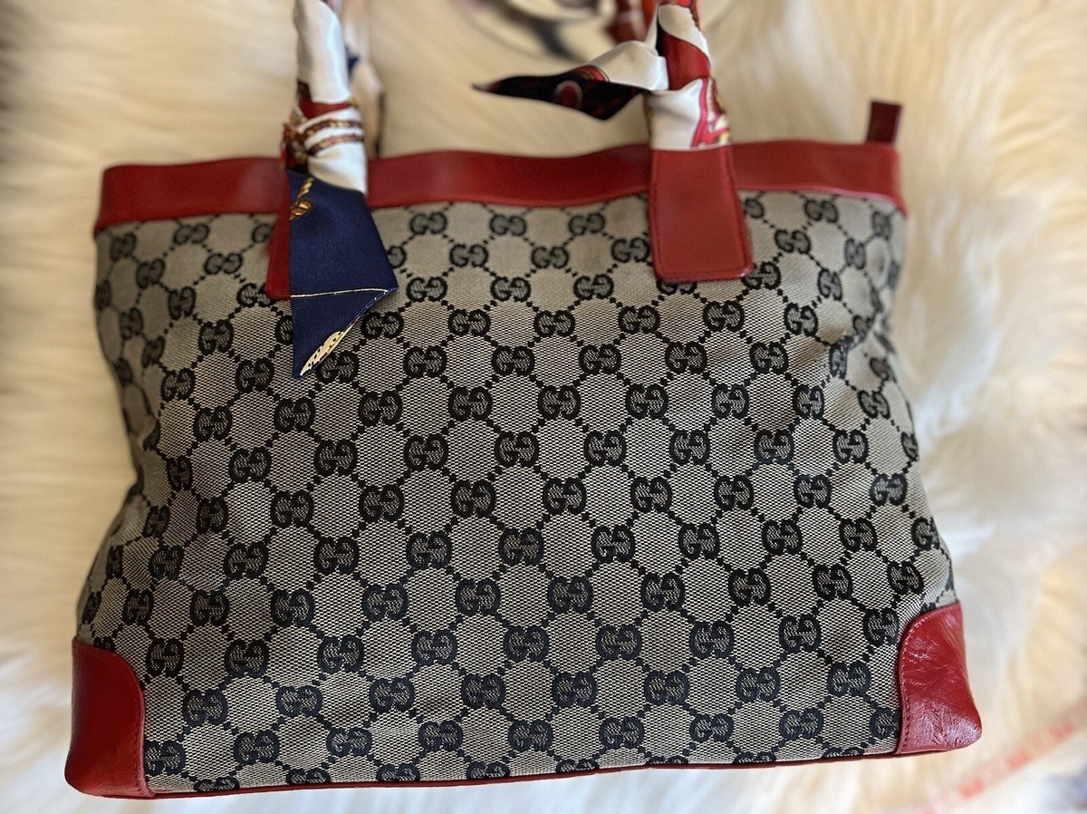 GUCCI Tote Bag Handbag GG Canvas Leather Red Gray Authentic
