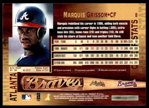 1996 Pinnacle #8 Marquis Grissom - Picture 2 of 2