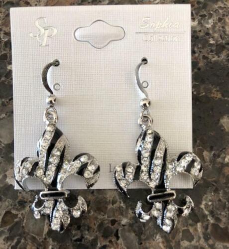 FLEUR DE LIS ZEBRA PRINT /NEW ORLEANS SAINTS EARRINGS SILVER-BLACK