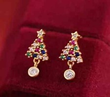 Christmas Tree Stud Earring 14K Yellow Gold Plated 2Ct Round Lab Created Diamond