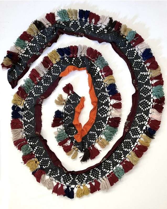 Vintage Bohemian Uzbek Tribal Wall Hanging Trim Textile Wool Tassels Cotton