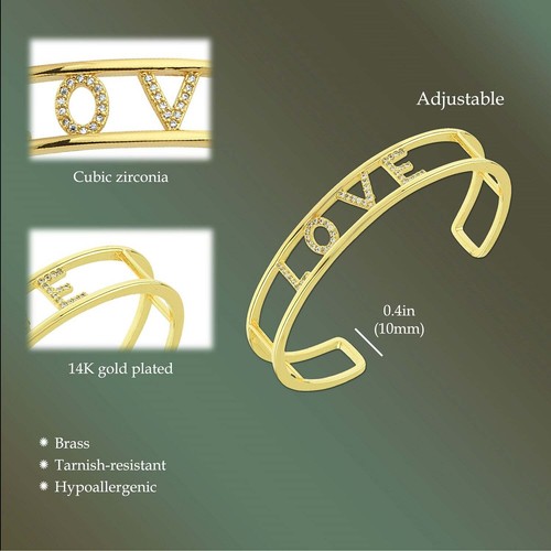 Love Cuff Bangle - Cubic Zirconia Gold Cuff Bracelet - Picture 3 of 8