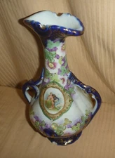 Vintage Cobalt Blue Porcelain Victorian Double Handled Vase Ewer Antique Austria