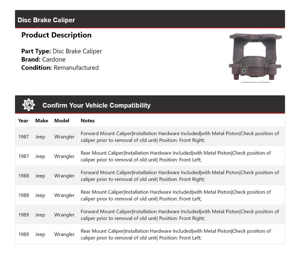 Pinza de freno de disco Cardone 1988 para Jeep Wrangler 1987-1989 Foto 2 de 4