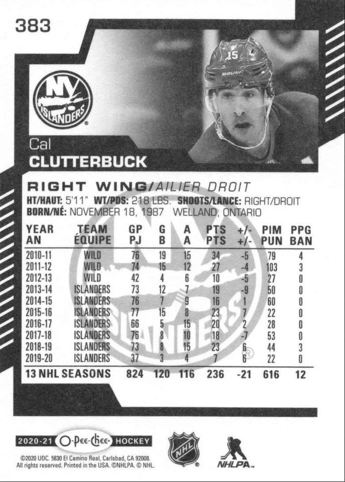2020-21 O-Pee-Chee Cal Clutterbuck New York Islanders #383 - Image 2 of 2