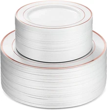 Plastic Wedding Party Plates 100 Piece White Rose Gold Rim. Elegant Fancy 50 Pre