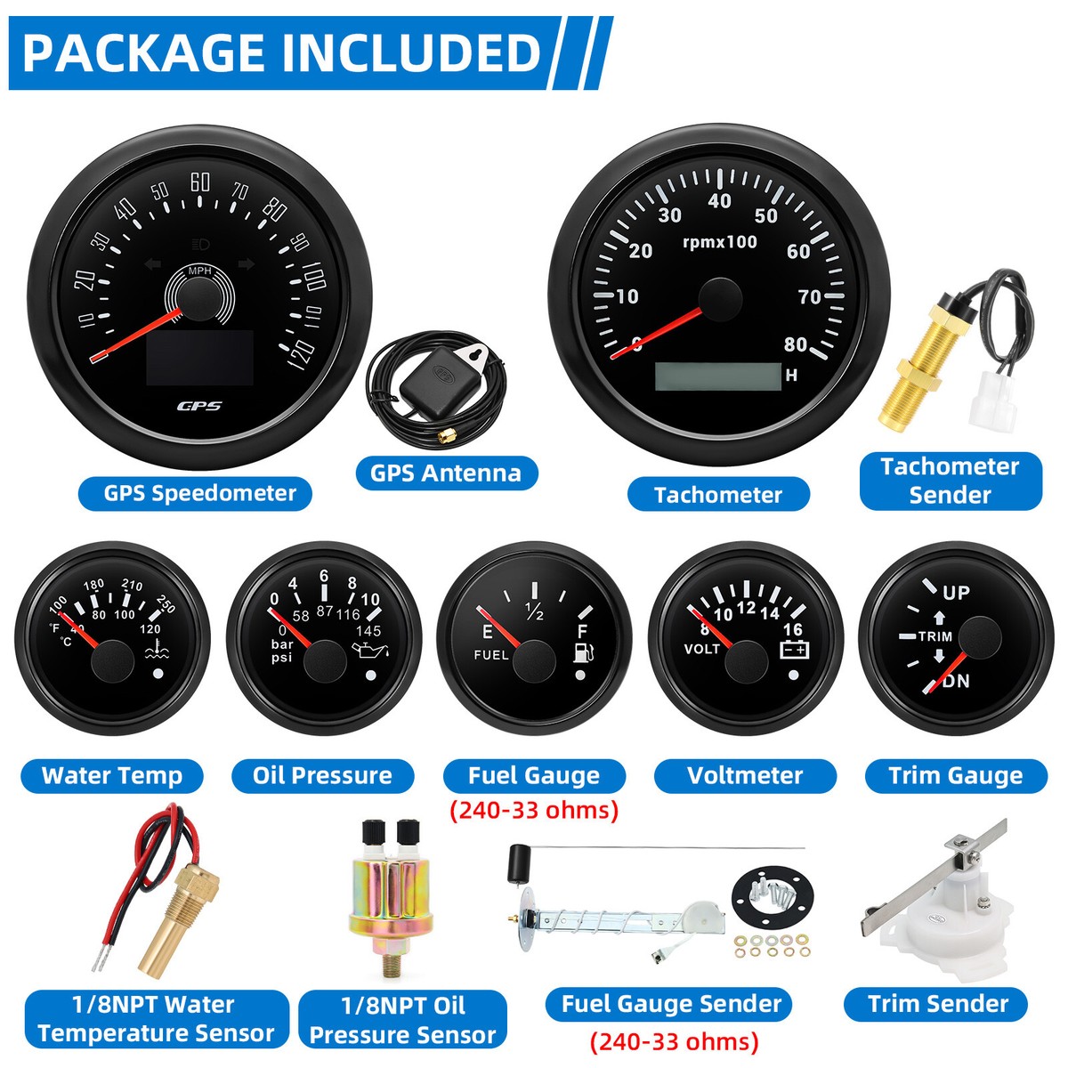 85mm 4-in-1 Gauge + GPS Speedometer 120MPH With Tachometer – Fuel/Oil/Temp/Volt
