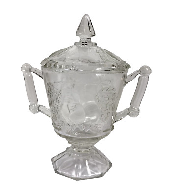Jeannette Glass Baltimore Pear Clear Lidded Bowl W Handles Sugar Candy Vintg W30