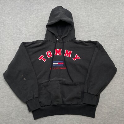 Vintage Tommy Hilfiger Sweatshirt Hoodie Men L Black Y2K Boxy Good Fade  Spellout | eBay
