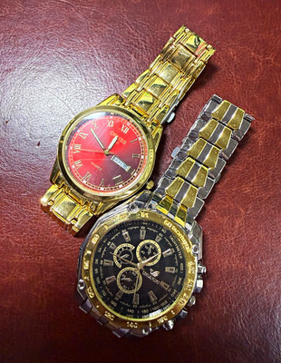 Lot of 2 Men s Quartz Watches ORISS Red Dial Orlando Chronograph Gold Tone