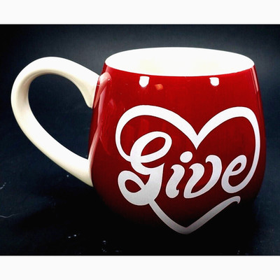 Life is Good Coffee Mug Red Heart GIVE Love Good Cheer 15 oz Burgundy & White