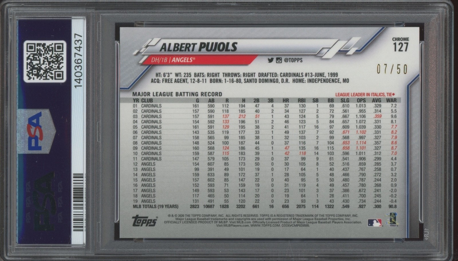 2020 Topps Chrome Gold Wave Refractor #127 Albert Pujols /50 Mint PSA 9 view 2