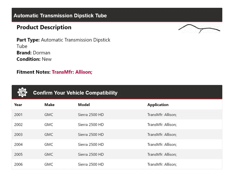 For 2001-2006 GMC Sierra 2500 HD Dorman Automatic Transmission Dipstick Tube Foto 2 de 4
