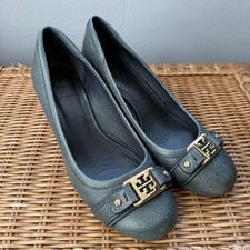 Tory Burch Natalya Wedge Heels Pumps Pebbled Leather Green Size 6.5M