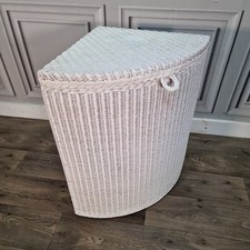 Vintage Corner Laundry Basket - White Wicker Hamper - Retro Bedroom Storage MCM