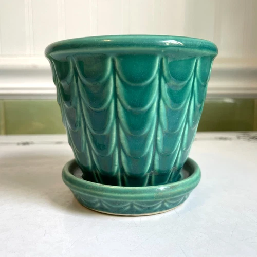 Shawnee McCoy Pottery Dark Turquoise Planter Flower Pot Draped Fish Scales USA