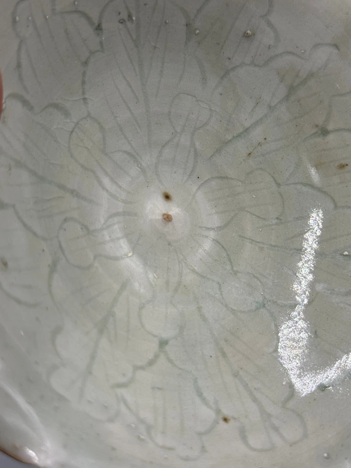 Antiguo cuenco chino Qing Celadon Longquan hoja anhelada porcelana 5 1/4"" Foto 3 de 4