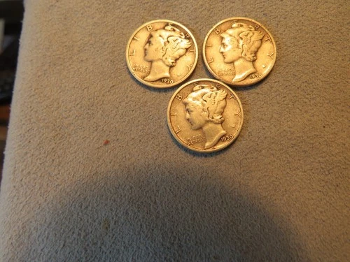 3 1930 Mercury Dimes. VeryFine+/XF