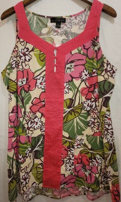 August Silk Tunic Top Sleeveless Tropical Floral Linen Blend Pockets XL New