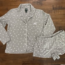 Laura Ashley Pajama Shorts Top Gray White Hearts Pink Large