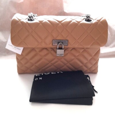 Kurt Geiger klassische beige braune gesteppte Ledertasche Brixton Lock Medium neu mit Etikett