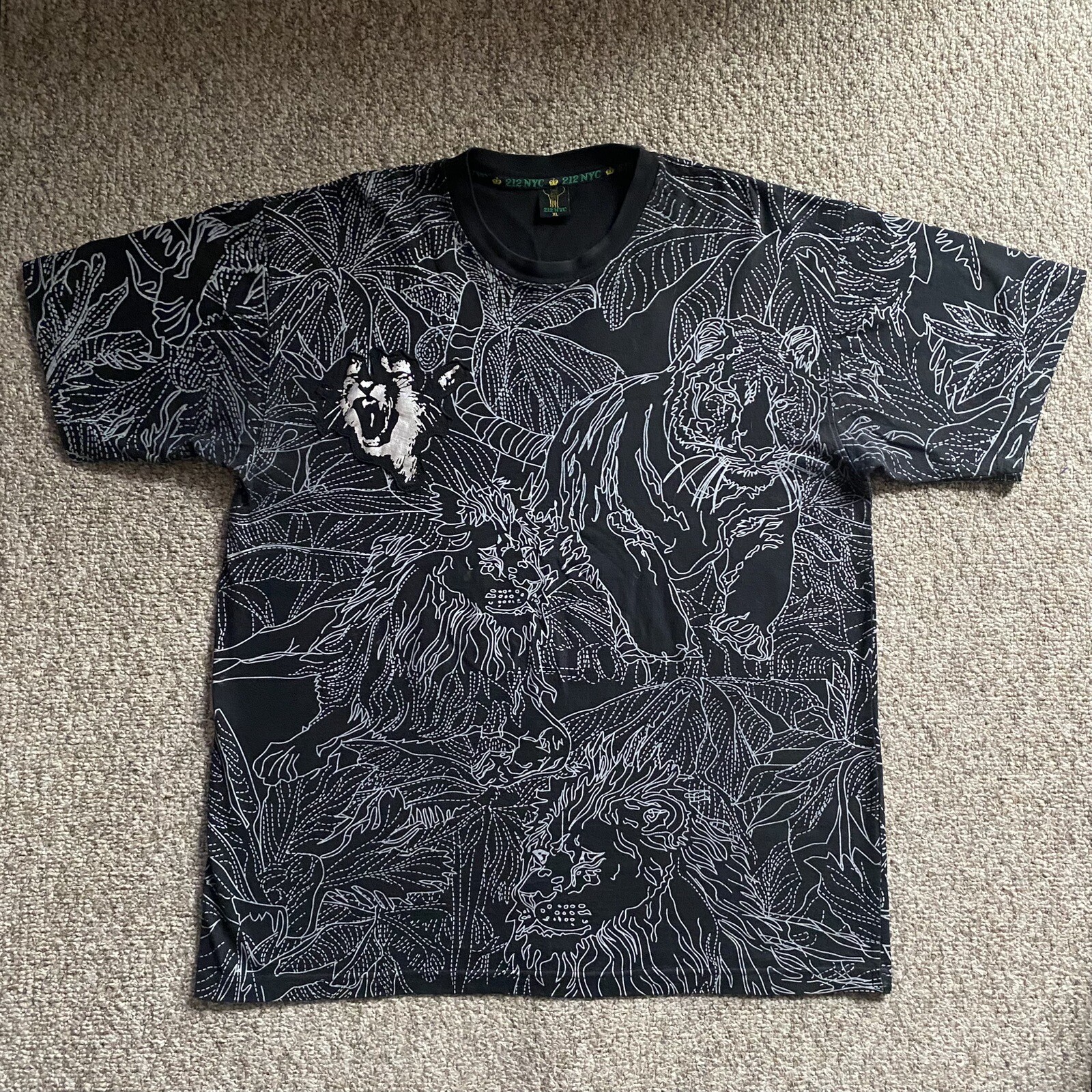 212 NYC T Shirt Mens XL Black Short Sleeve Lion Tiger AOP Oversized Jungle Cats