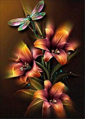 Diamond Art Painting Full Round 16''x20'' (40cmx50cm) Dragonfly & Lily Flowers