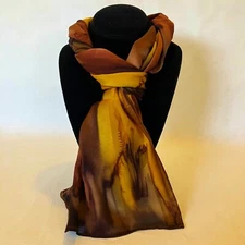 Hand Painted Silk Scarf Chocolate Chestnut Brown Gold Ladies Neck Head New Gift
