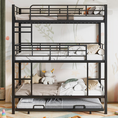 Heavy Duty Triple Bunk Bed Twin over Twin over Twin, 3 Bunk Bed with Trundle, Ki