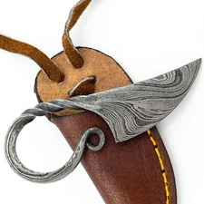 Twisted Damascus Steel Neck Knife Pendant Handmade Utility Gift w/Leather Sheath