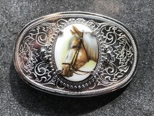 Belt Buckle VTG Western Silver Tone w/Palomino Horse Centerpiece 1 Piece