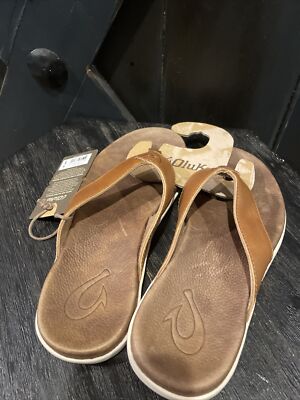 Olukai Nalukai Tan Leather Beach Flip Flop Sandals Shoes  display picture 1