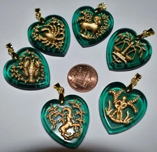 Vintage Glass Zodiac Astrology Heart Pendant GREEN Intaglio 30mm • Many Signs